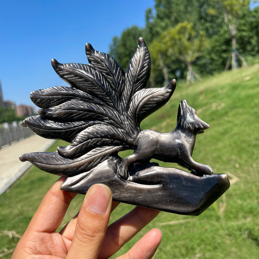 Unique,Natural Enchanting Silver Obsidian Nine-Tailed Fox Carving