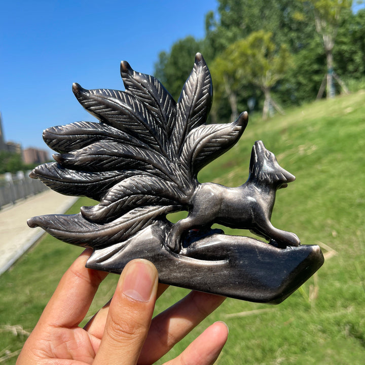 Unique,Natural Enchanting Silver Obsidian Nine-Tailed Fox Carving