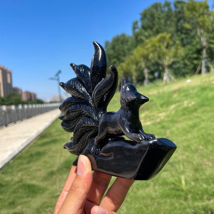 Unique,Natural Enchanting Silver Obsidian Nine-Tailed Fox Carving