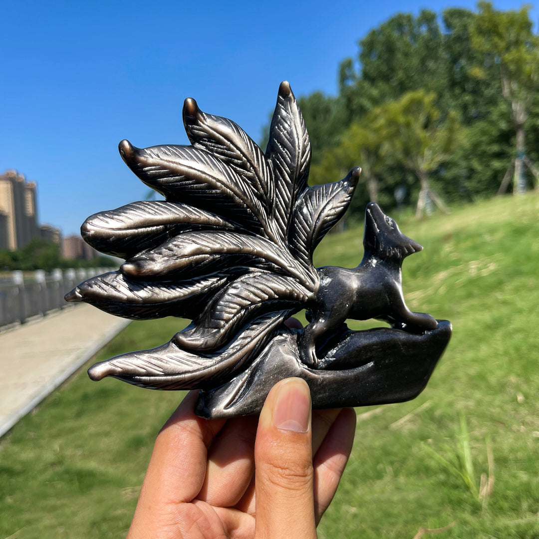 Unique,Natural Enchanting Silver Obsidian Nine-Tailed Fox Carving