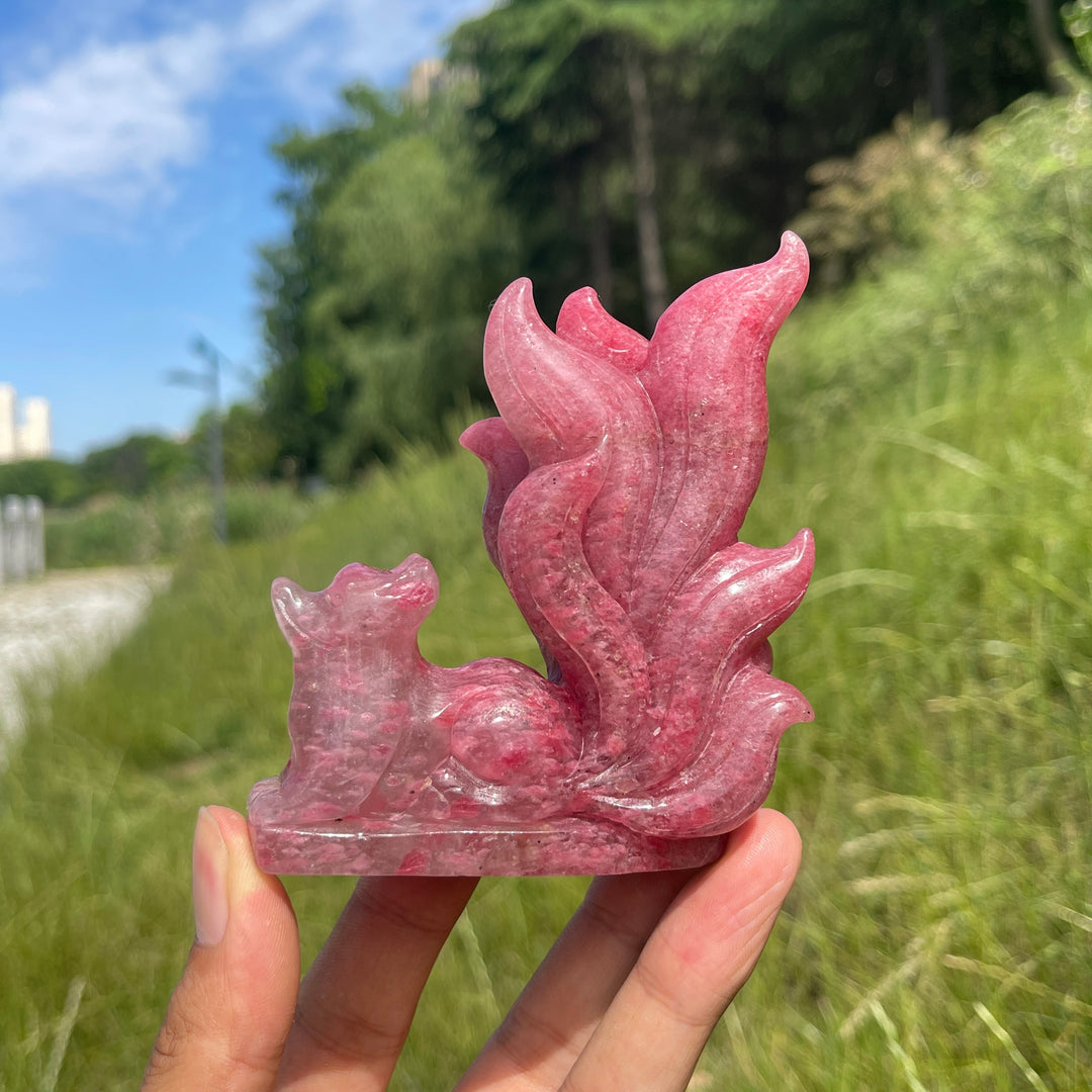 Unique,A Slightly Imperfect Natural Rhodonite In Quartz Nine-Tailed Fox Carving
