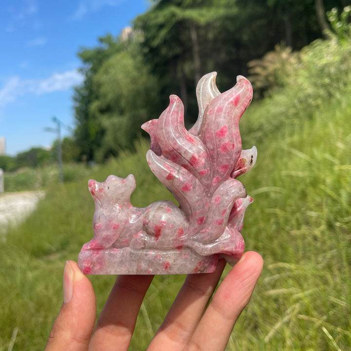 Unique,A Slightly Imperfect Natural Rhodonite In Quartz Nine-Tailed Fox Carving