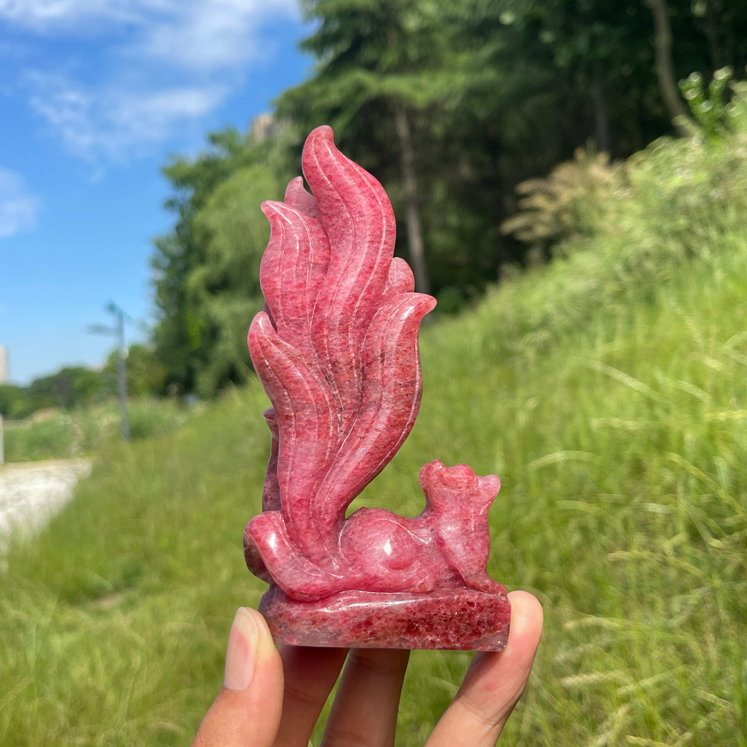 Unique,A Slightly Imperfect Natural Rhodonite In Quartz Nine-Tailed Fox Carving