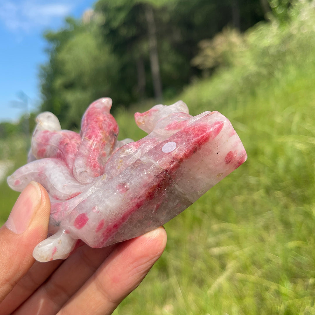 Unique,A Slightly Imperfect Natural Rhodonite In Quartz Nine-Tailed Fox Carving