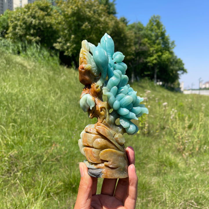 Unique,A Slightly Imperfect Stunning Blue Quartzite Flower And Bird Carving