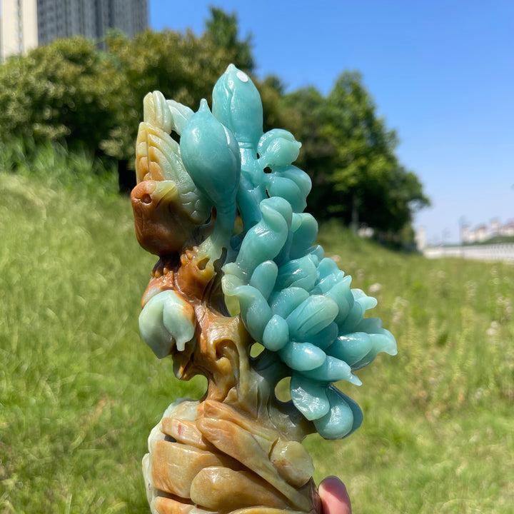 Unique,A Slightly Imperfect Stunning Blue Quartzite Flower And Bird Carving