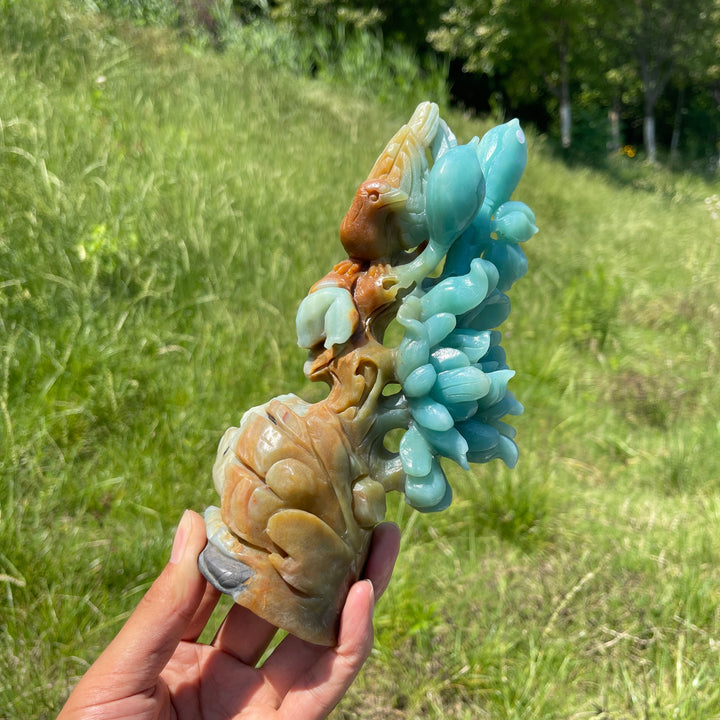 Unique,A Slightly Imperfect Stunning Blue Quartzite Flower And Bird Carving