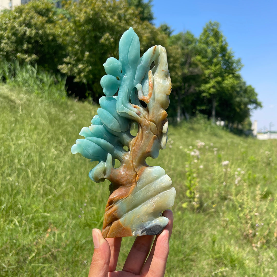 Unique,A Slightly Imperfect Stunning Blue Quartzite Flower And Bird Carving