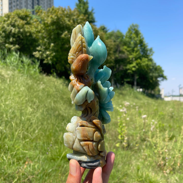 Unique,A Slightly Imperfect Stunning Blue Quartzite Flower And Bird Carving