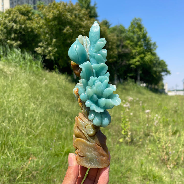 Unique,A Slightly Imperfect Stunning Blue Quartzite Flower And Bird Carving