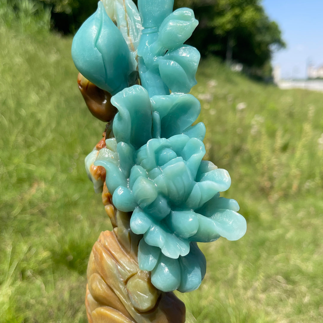 Unique,A Slightly Imperfect Stunning Blue Quartzite Flower And Bird Carving