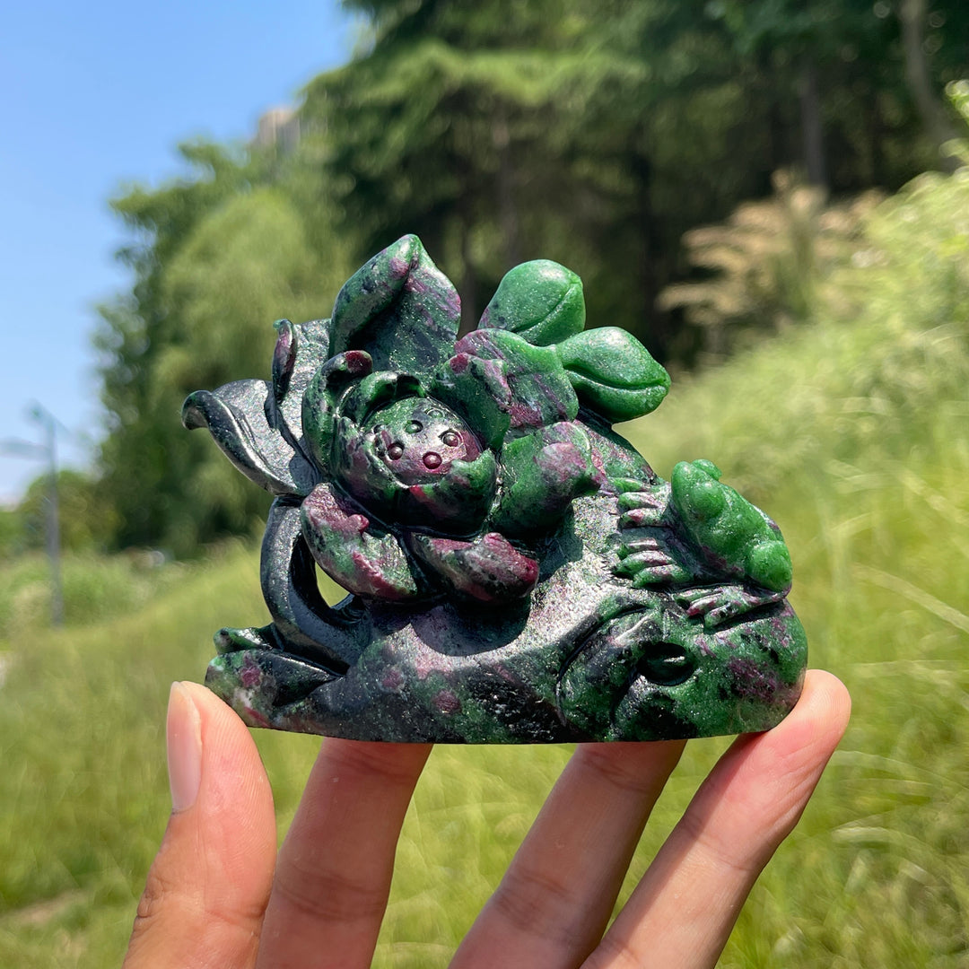 Unique,Natural Vibrant Ruby In Zoisite Lotus With Frog Carving