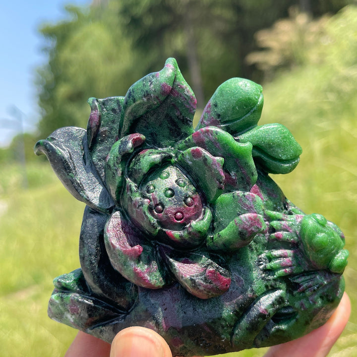 Unique,Natural Vibrant Ruby In Zoisite Lotus With Frog Carving