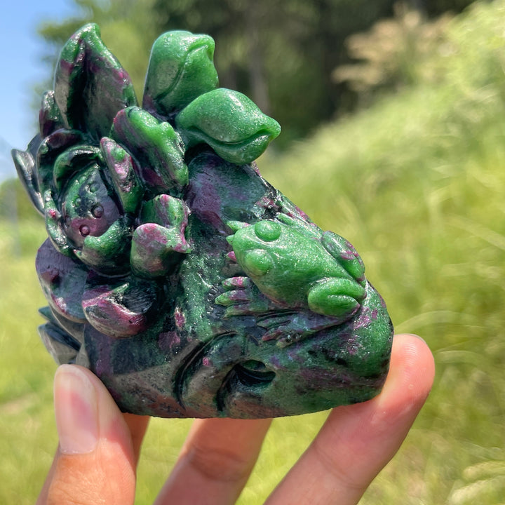 Unique,Natural Vibrant Ruby In Zoisite Lotus With Frog Carving
