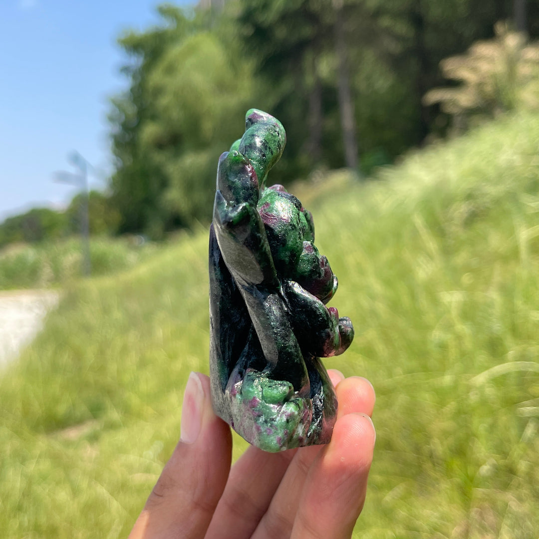 Unique,Natural Vibrant Ruby In Zoisite Lotus With Frog Carving
