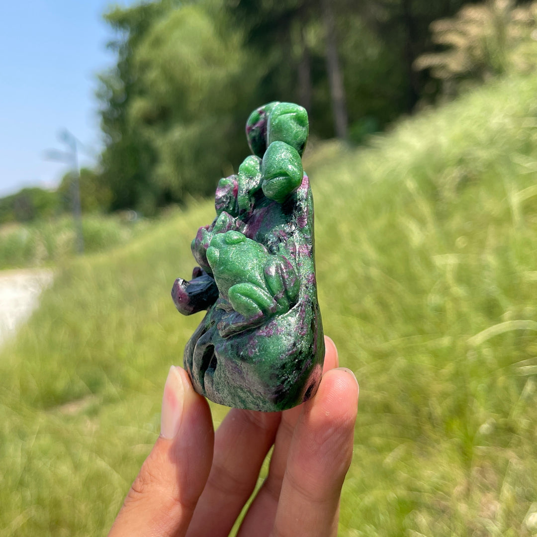 Unique,Natural Vibrant Ruby In Zoisite Lotus With Frog Carving