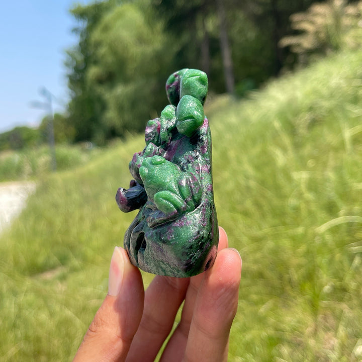 Unique,Natural Vibrant Ruby In Zoisite Lotus With Frog Carving