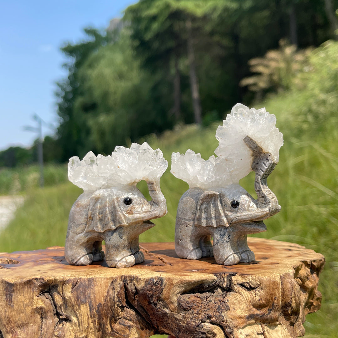 Unique,Natural Crystal Cluster Elephant Carving