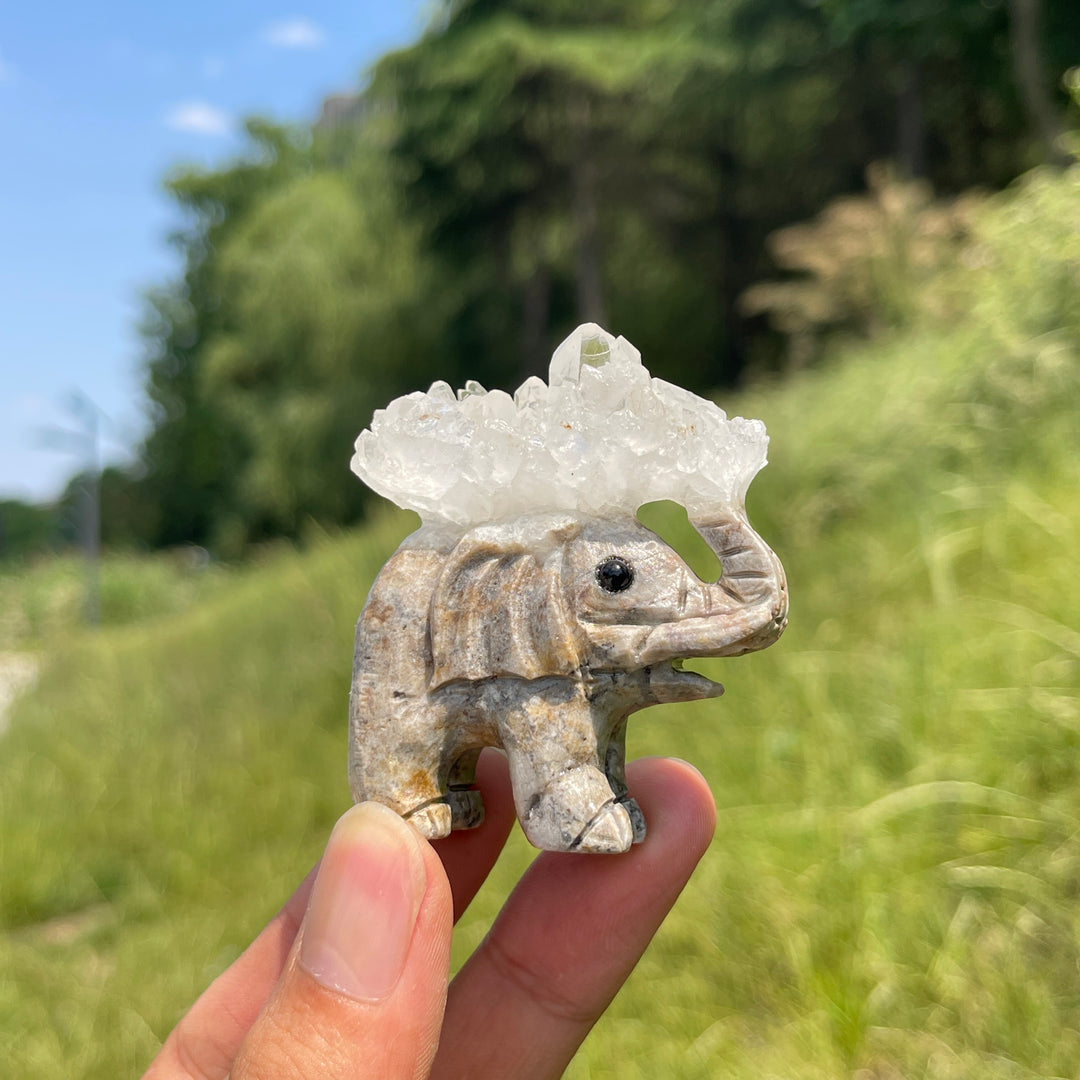 Unique,Natural Crystal Cluster Elephant Carving