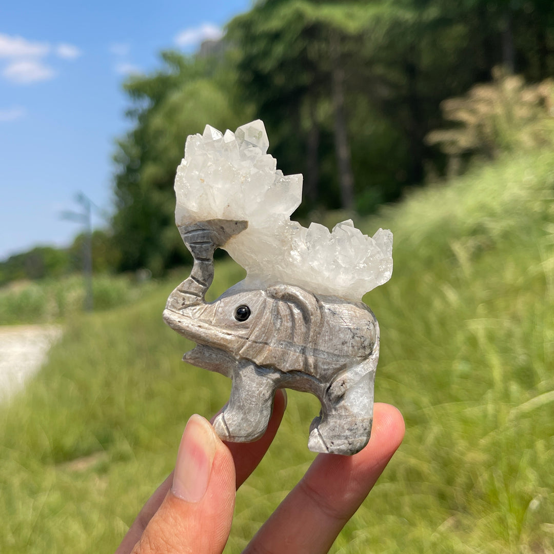 Unique,Natural Crystal Cluster Elephant Carving