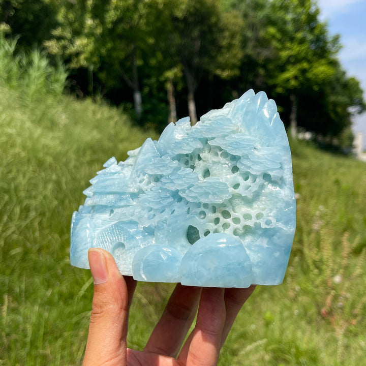 Unique,A Slightly Imperfect Natural Aquamarine Mountain Landscape Carving