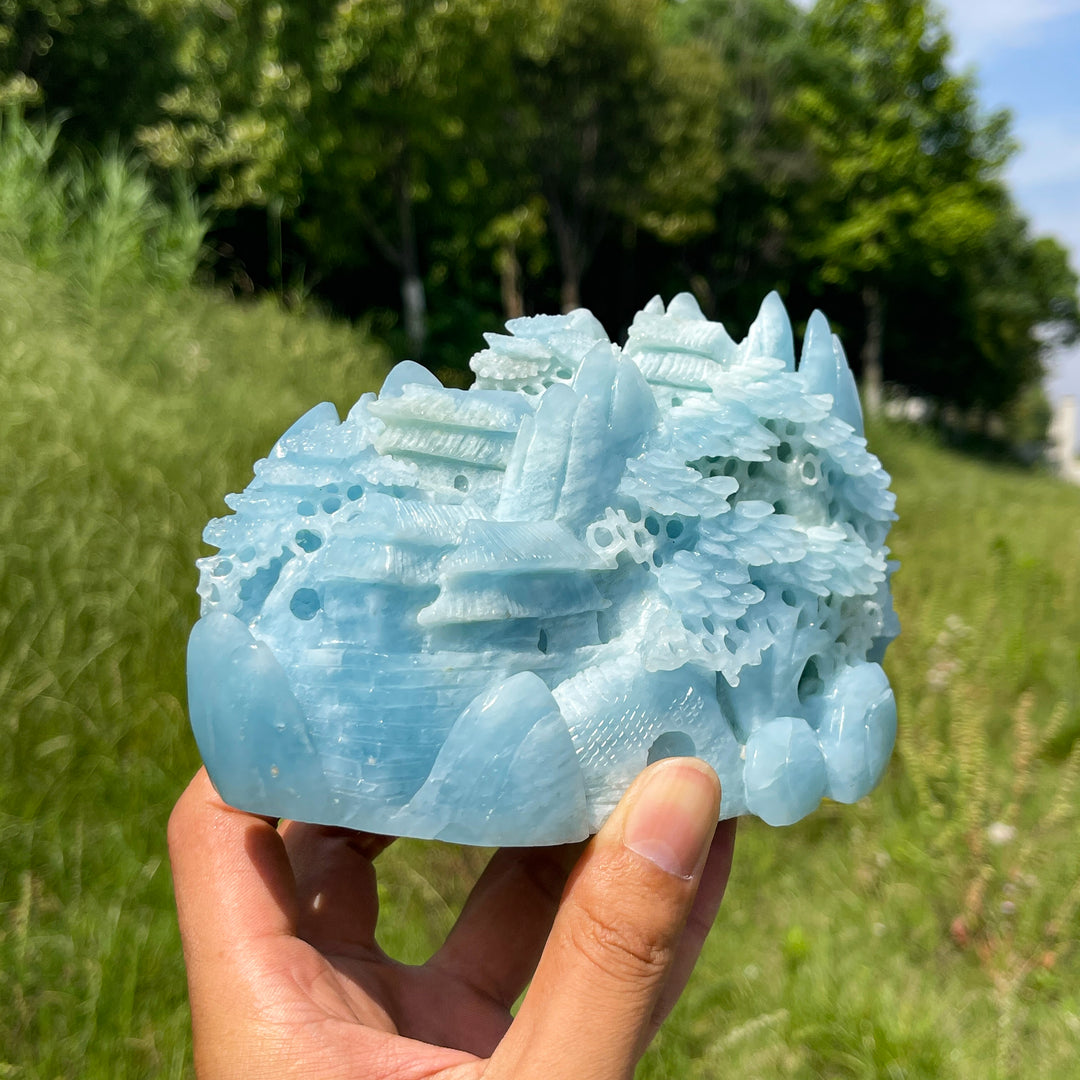 Unique,A Slightly Imperfect Natural Aquamarine Mountain Landscape Carving