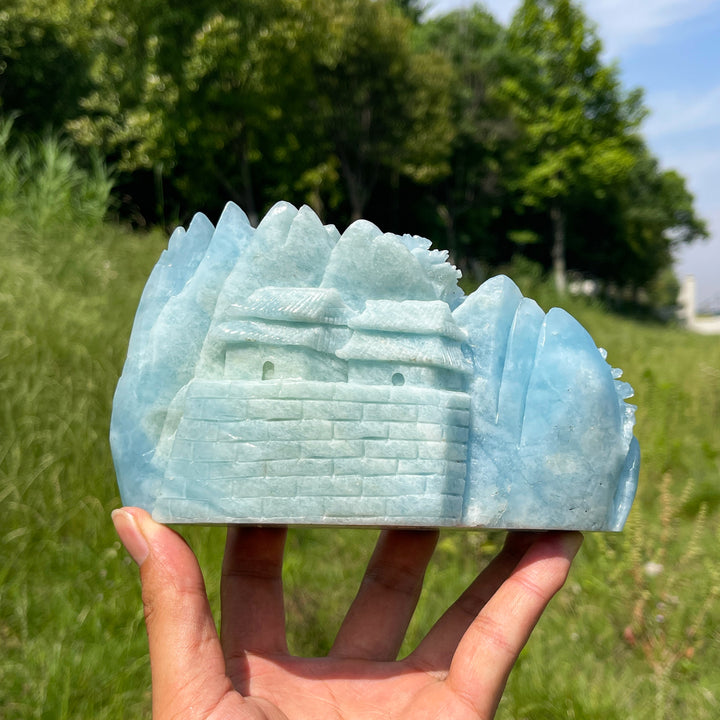 Unique,A Slightly Imperfect Natural Aquamarine Mountain Landscape Carving