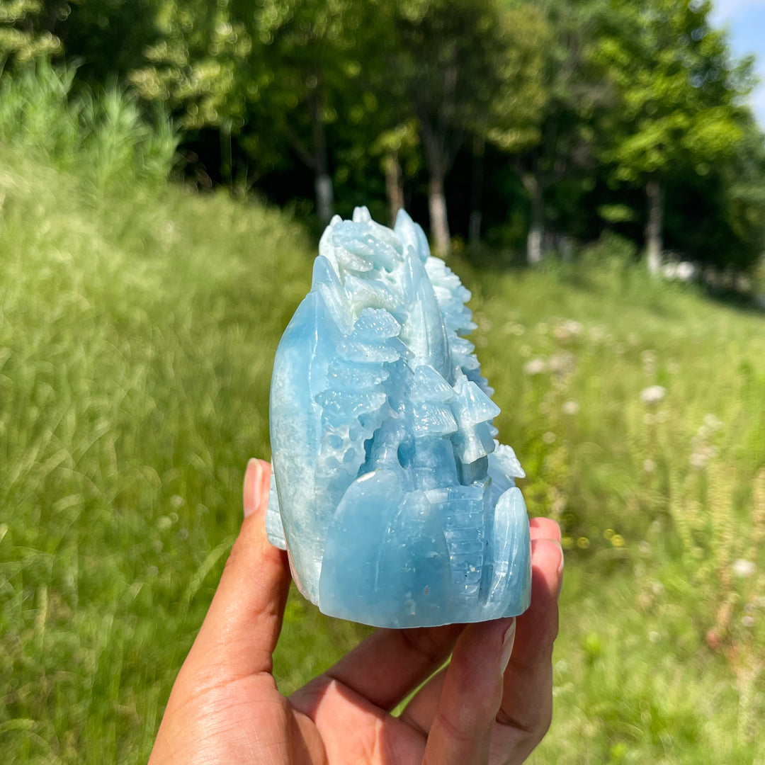 Unique,A Slightly Imperfect Natural Aquamarine Mountain Landscape Carving