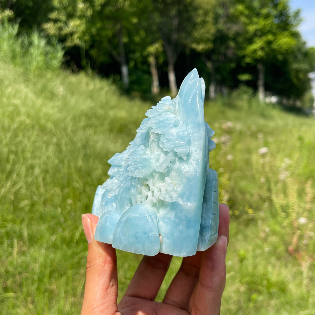 Unique,A Slightly Imperfect Natural Aquamarine Mountain Landscape Carving