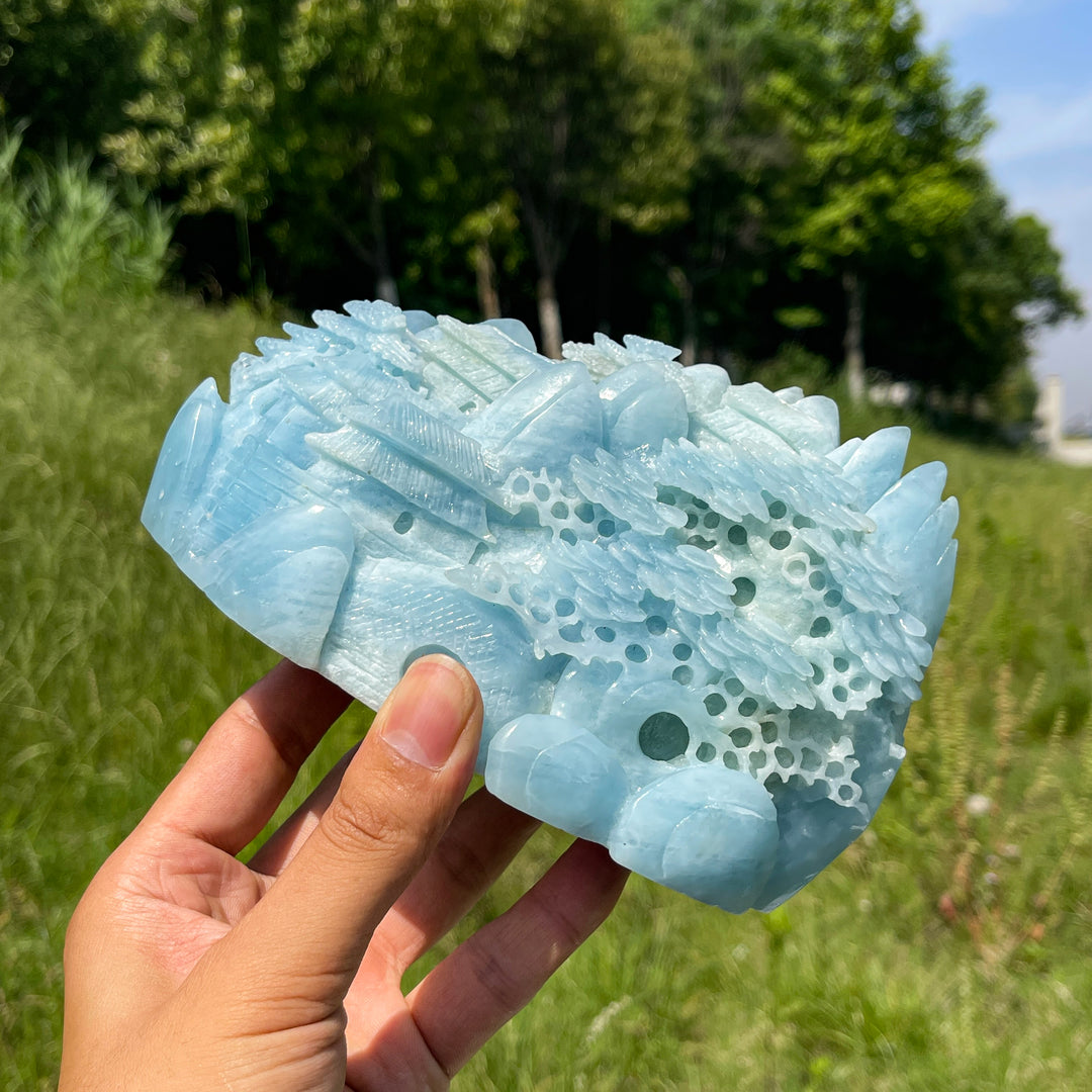 Unique,A Slightly Imperfect Natural Aquamarine Mountain Landscape Carving