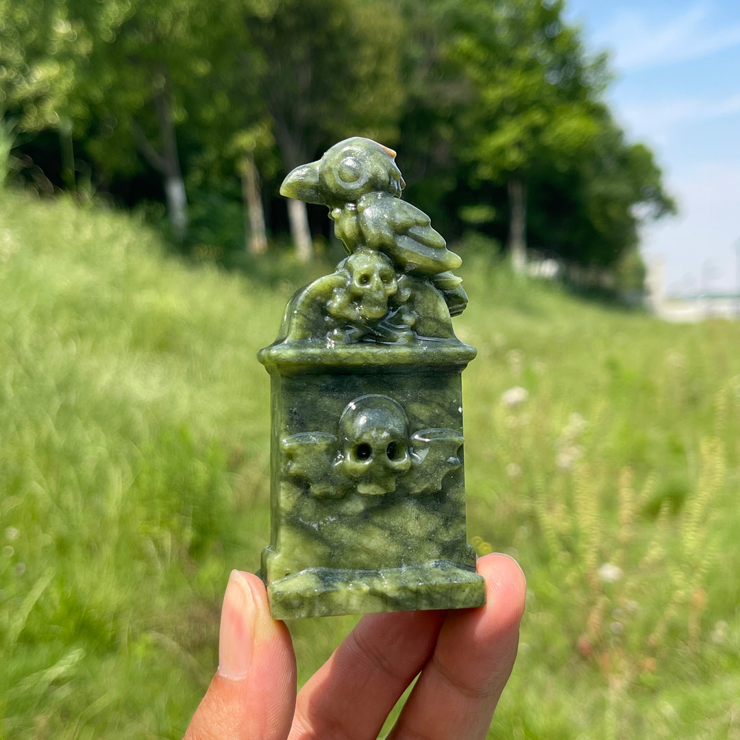 Natural Crystal Mystic Raven Tombstone Carving