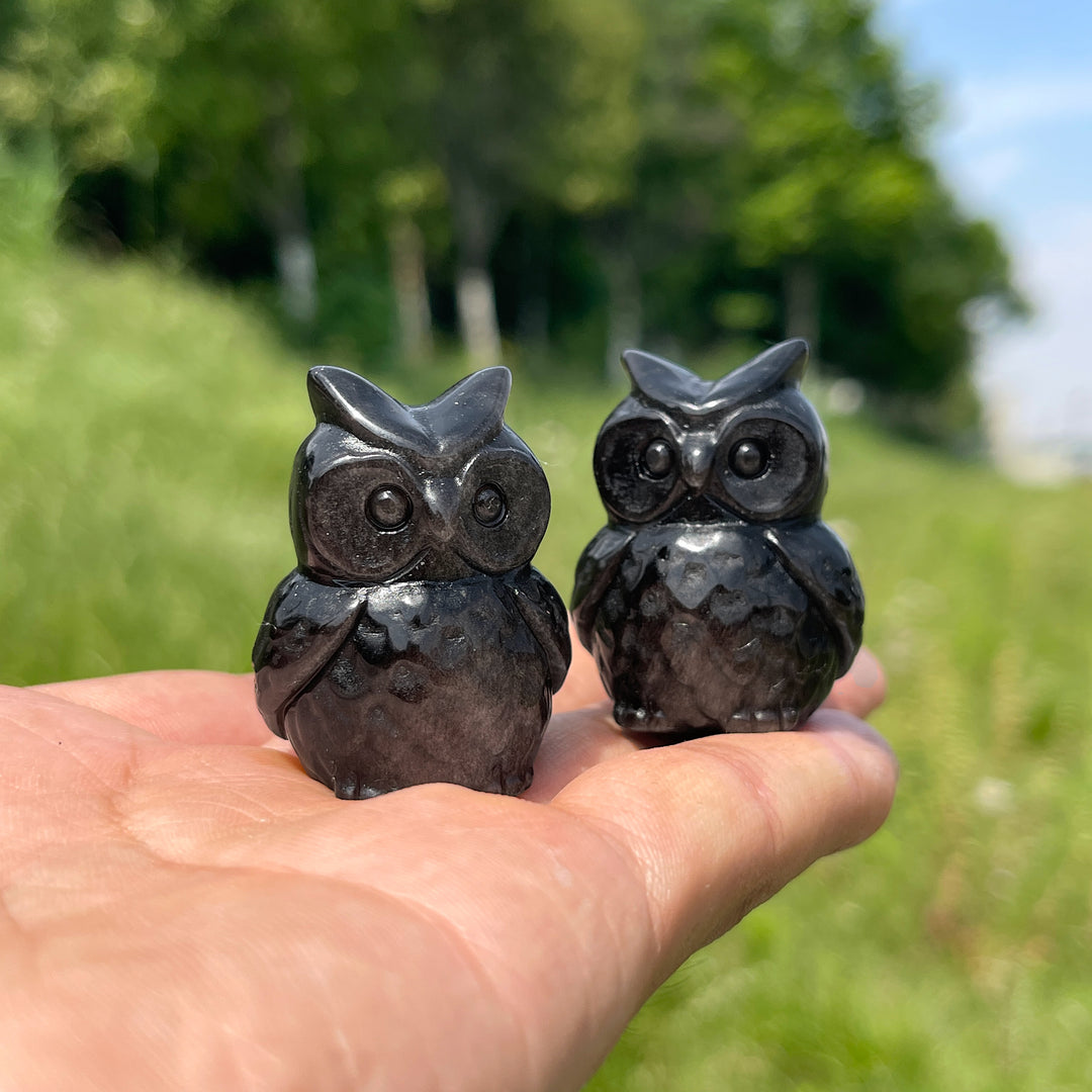Natural Cute Silver Obsidian Owl Carving