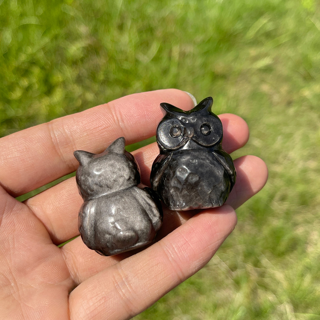 Natural Cute Silver Obsidian Owl Carving
