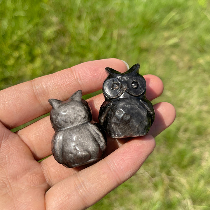 Natural Cute Silver Obsidian Owl Carving