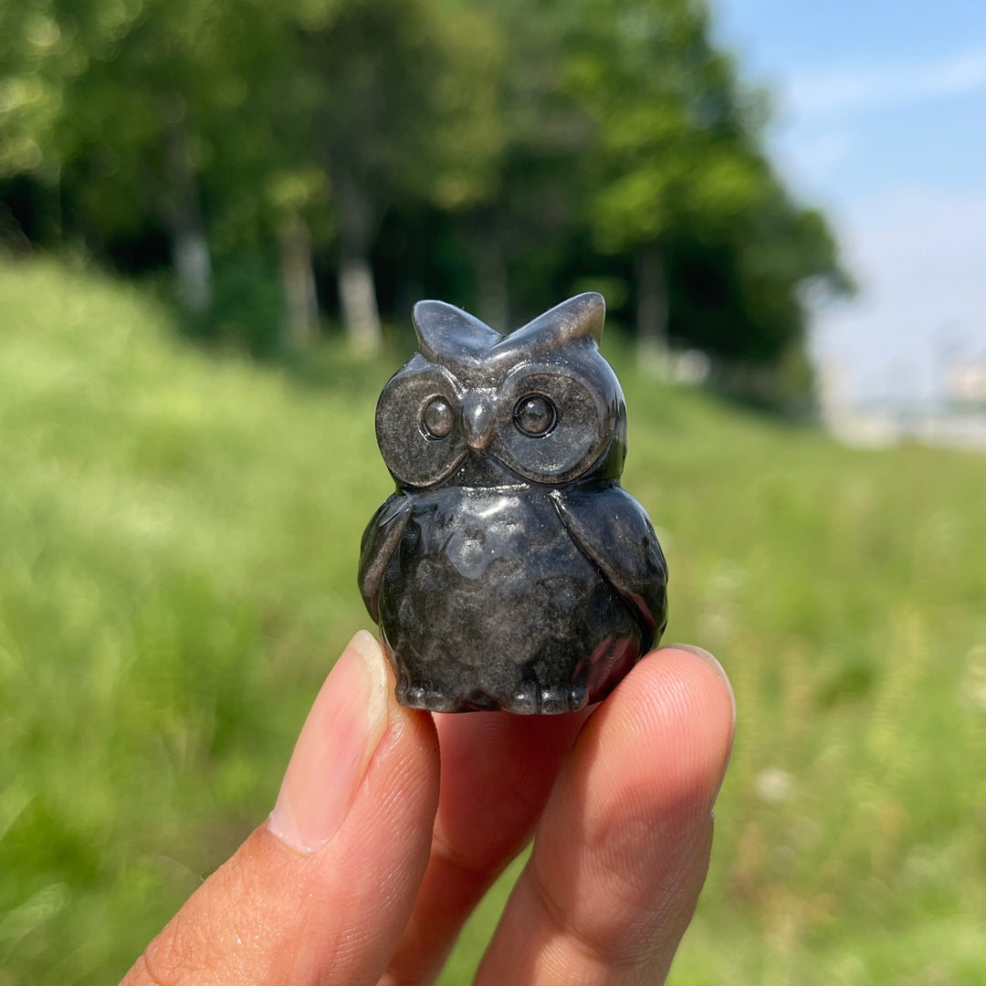 Natural Cute Silver Obsidian Owl Carving