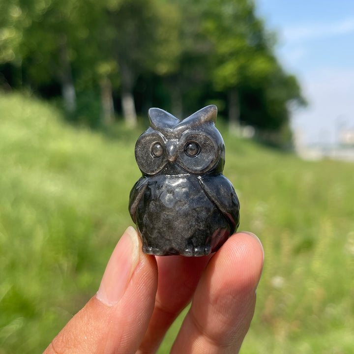 Natural Cute Silver Obsidian Owl Carving
