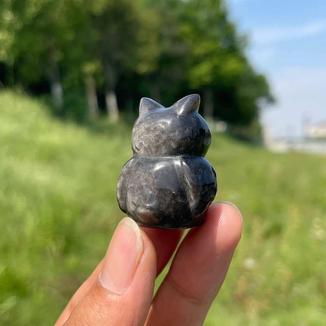 Natural Cute Silver Obsidian Owl Carving