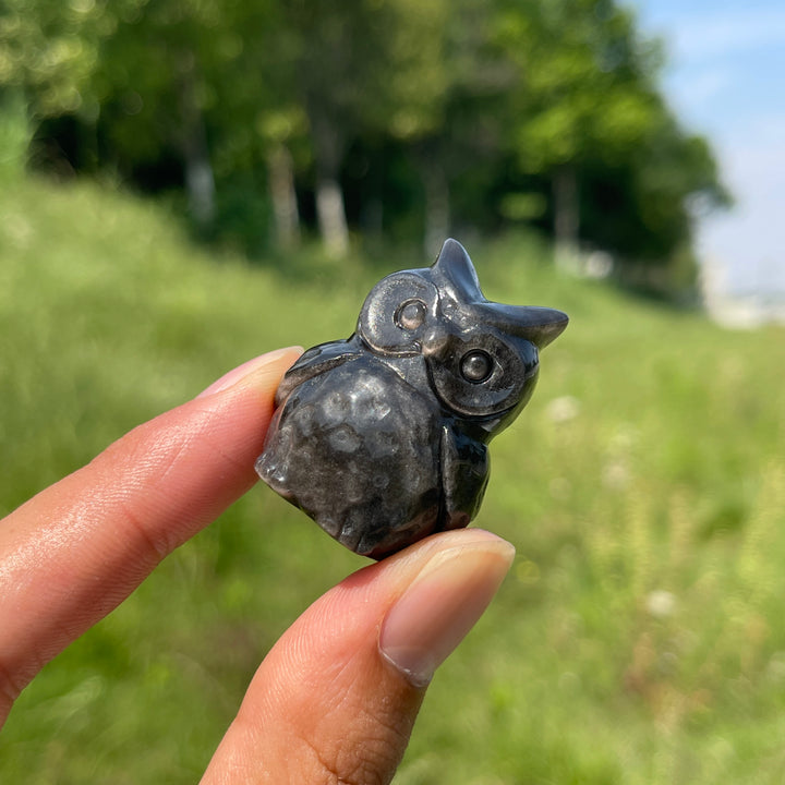 Natural Cute Silver Obsidian Owl Carving