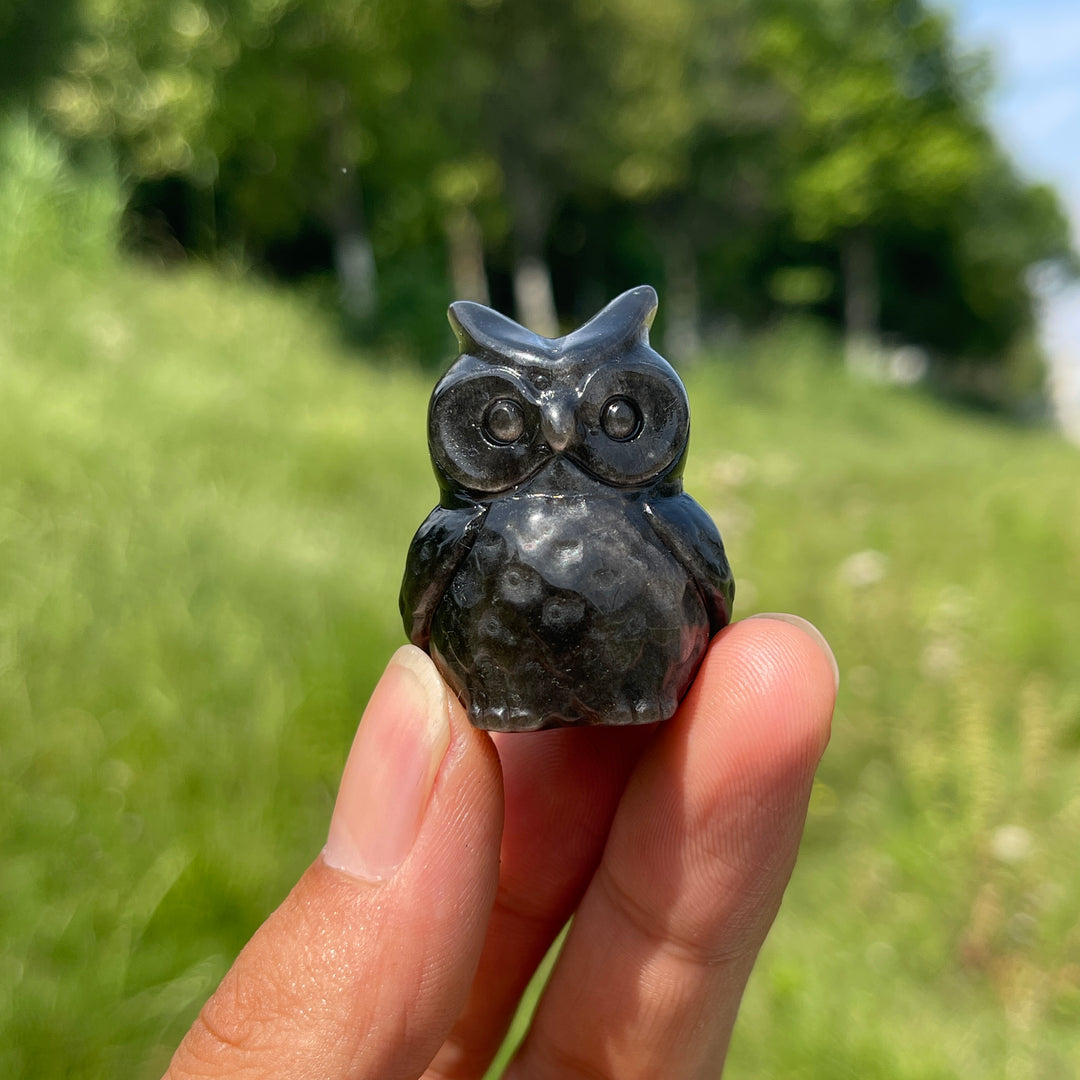 Natural Cute Silver Obsidian Owl Carving
