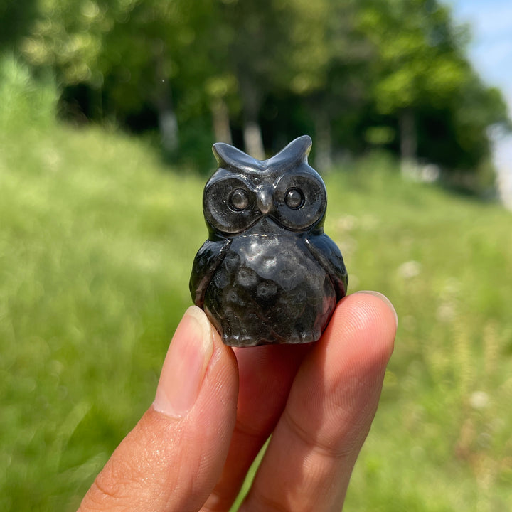 Natural Cute Silver Obsidian Owl Carving