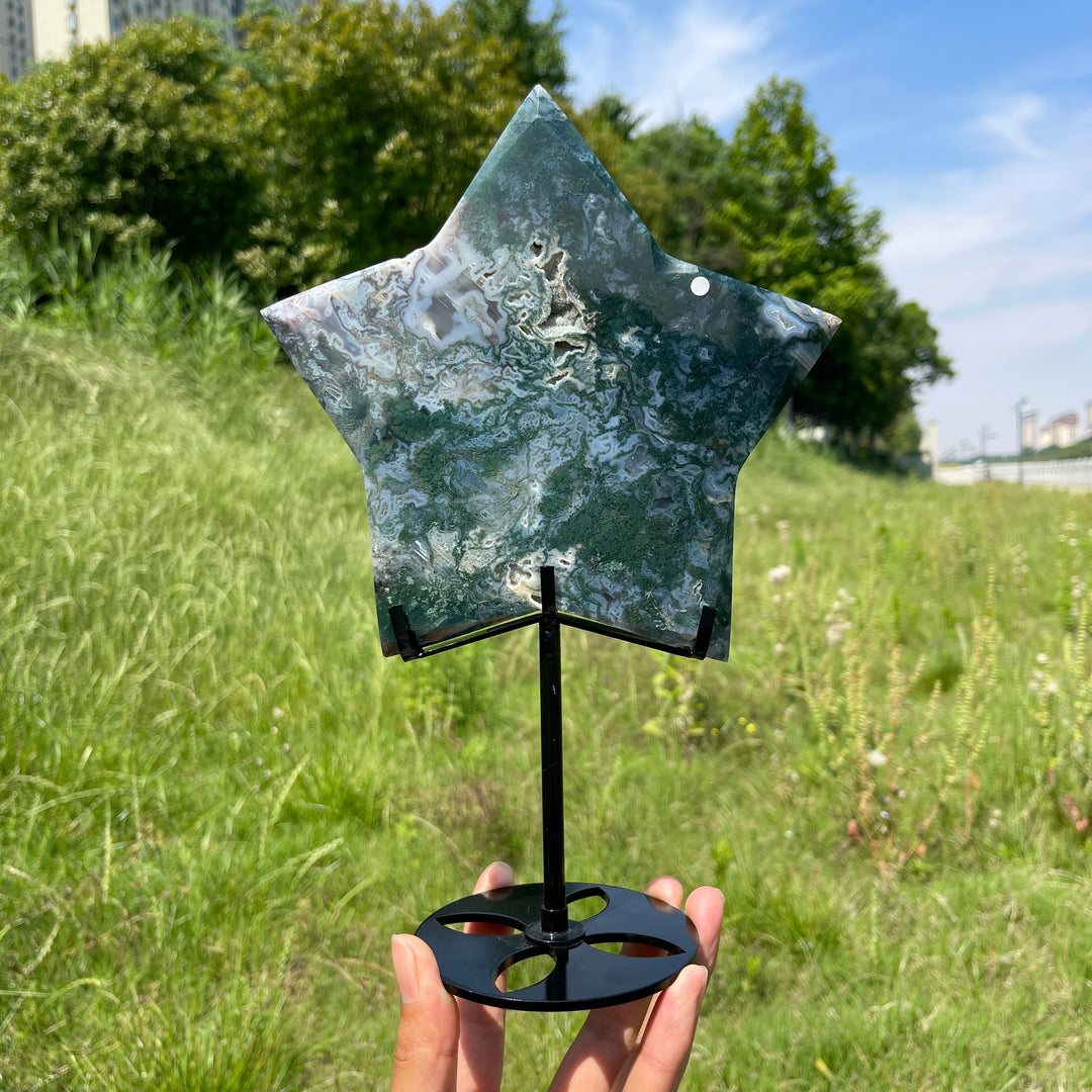 Unique,A Slightly Imperfect Natural Verdant Moss Agate Star Carving