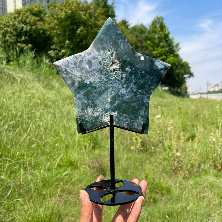 Unique,A Slightly Imperfect Natural Verdant Moss Agate Star Carving