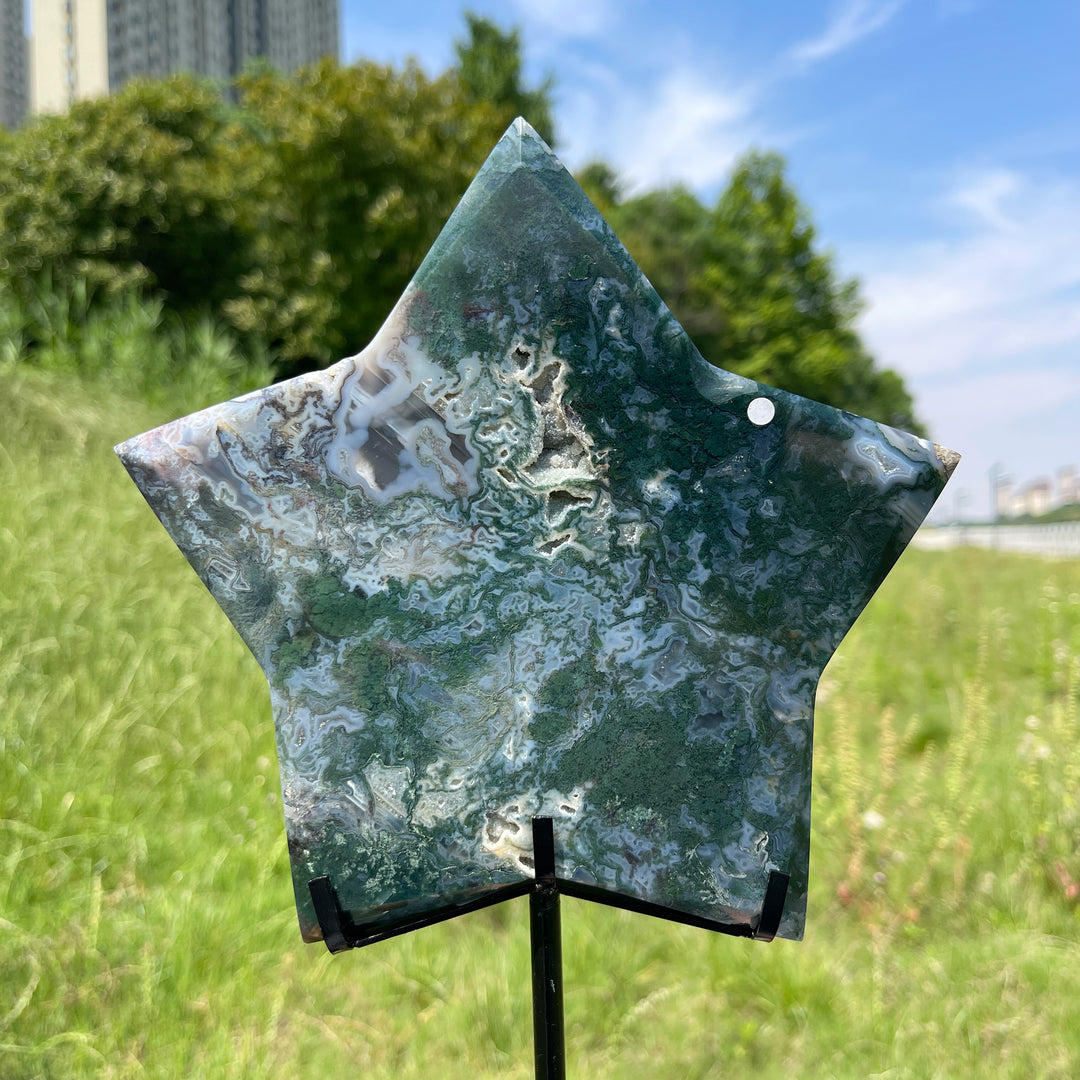 Unique,A Slightly Imperfect Natural Verdant Moss Agate Star Carving
