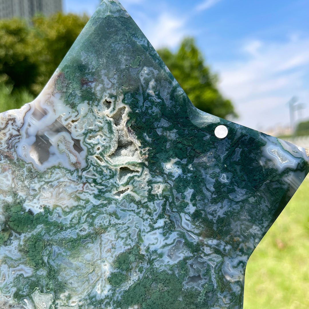 Unique,A Slightly Imperfect Natural Verdant Moss Agate Star Carving