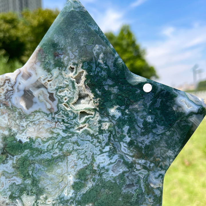 Unique,A Slightly Imperfect Natural Verdant Moss Agate Star Carving
