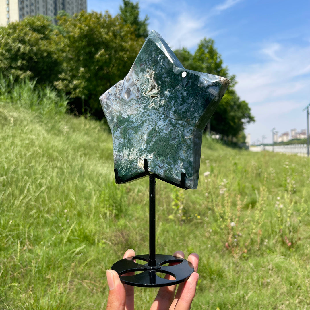 Unique,A Slightly Imperfect Natural Verdant Moss Agate Star Carving