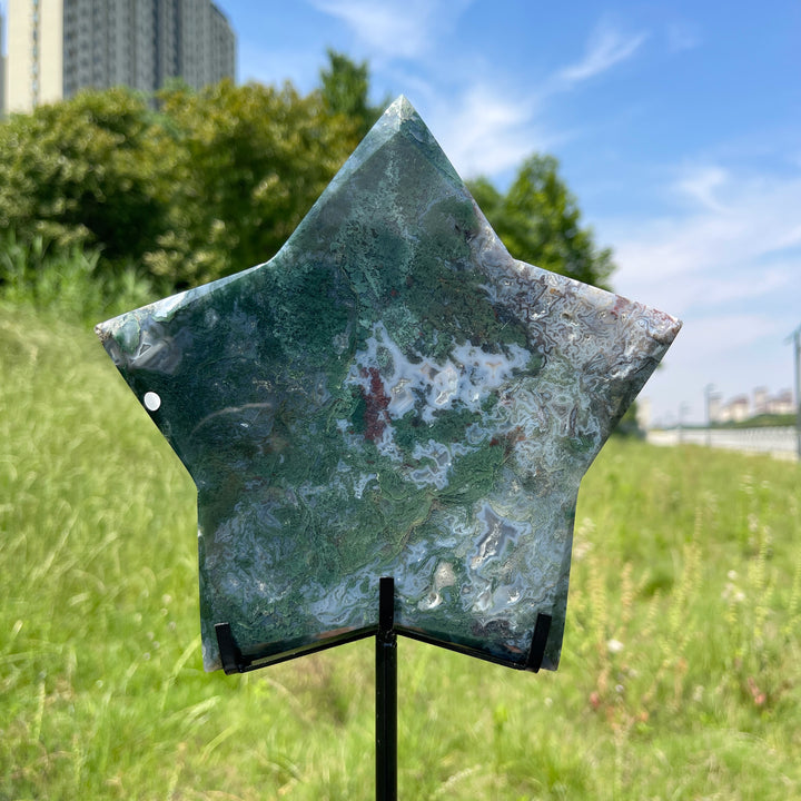 Unique,A Slightly Imperfect Natural Verdant Moss Agate Star Carving