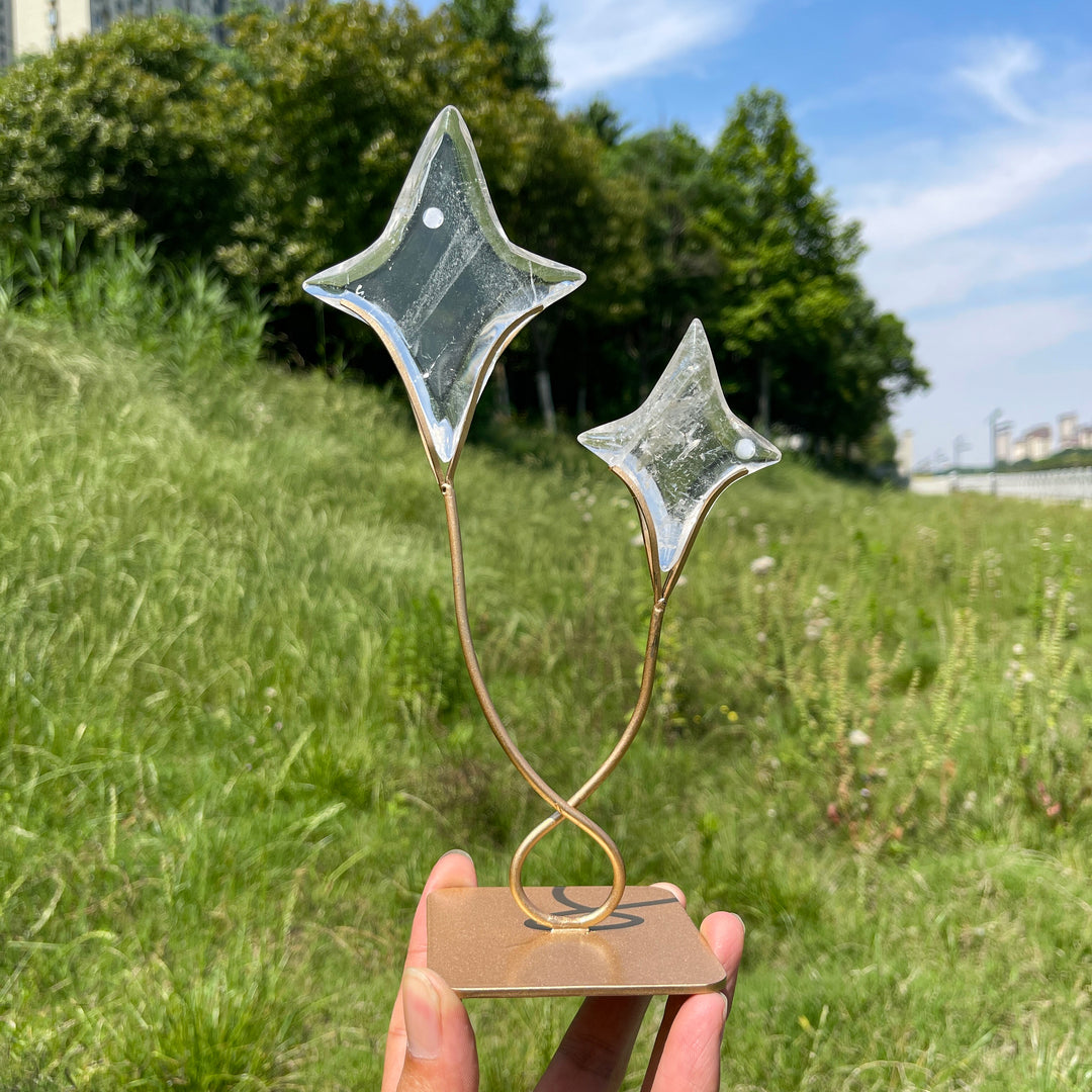 Unique,Imperfect Natural Clear Quartz Twin Star With Stand