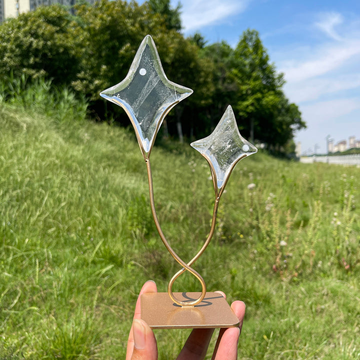 Unique,Imperfect Natural Clear Quartz Twin Star With Stand
