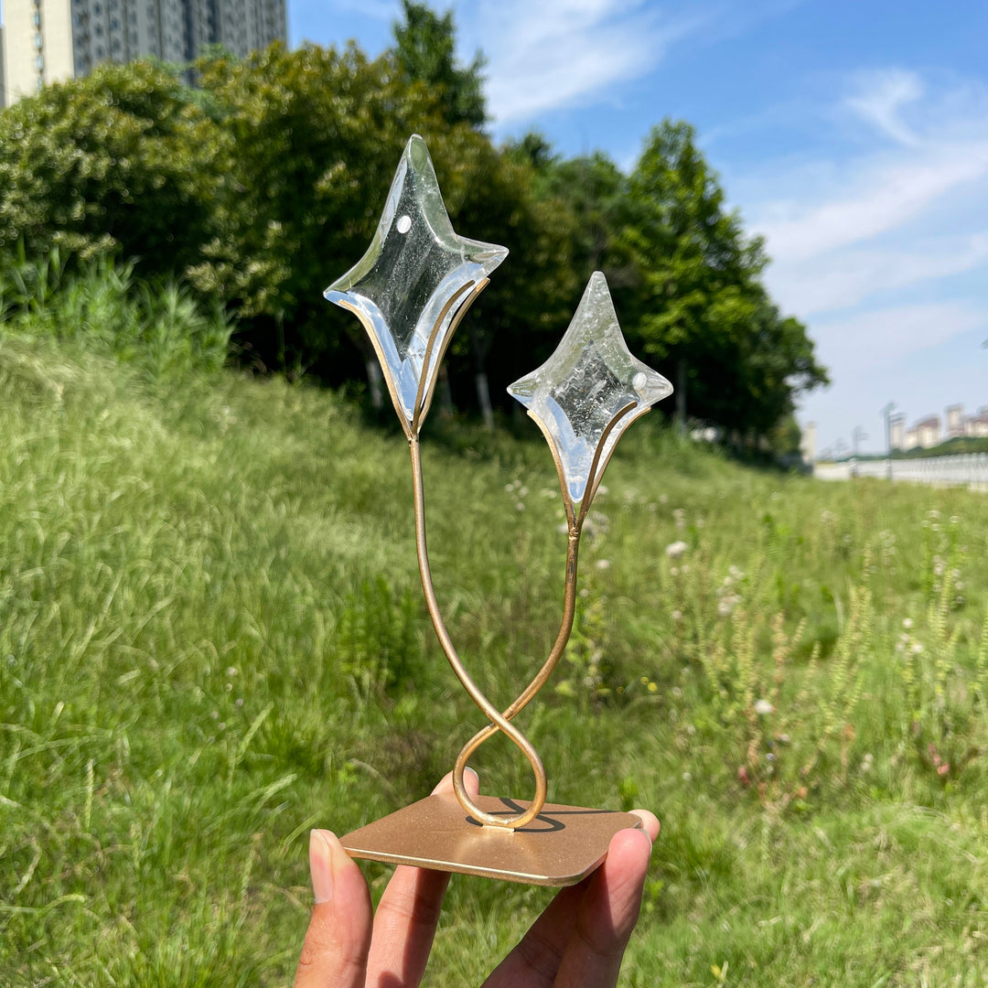 Unique,Imperfect Natural Clear Quartz Twin Star With Stand